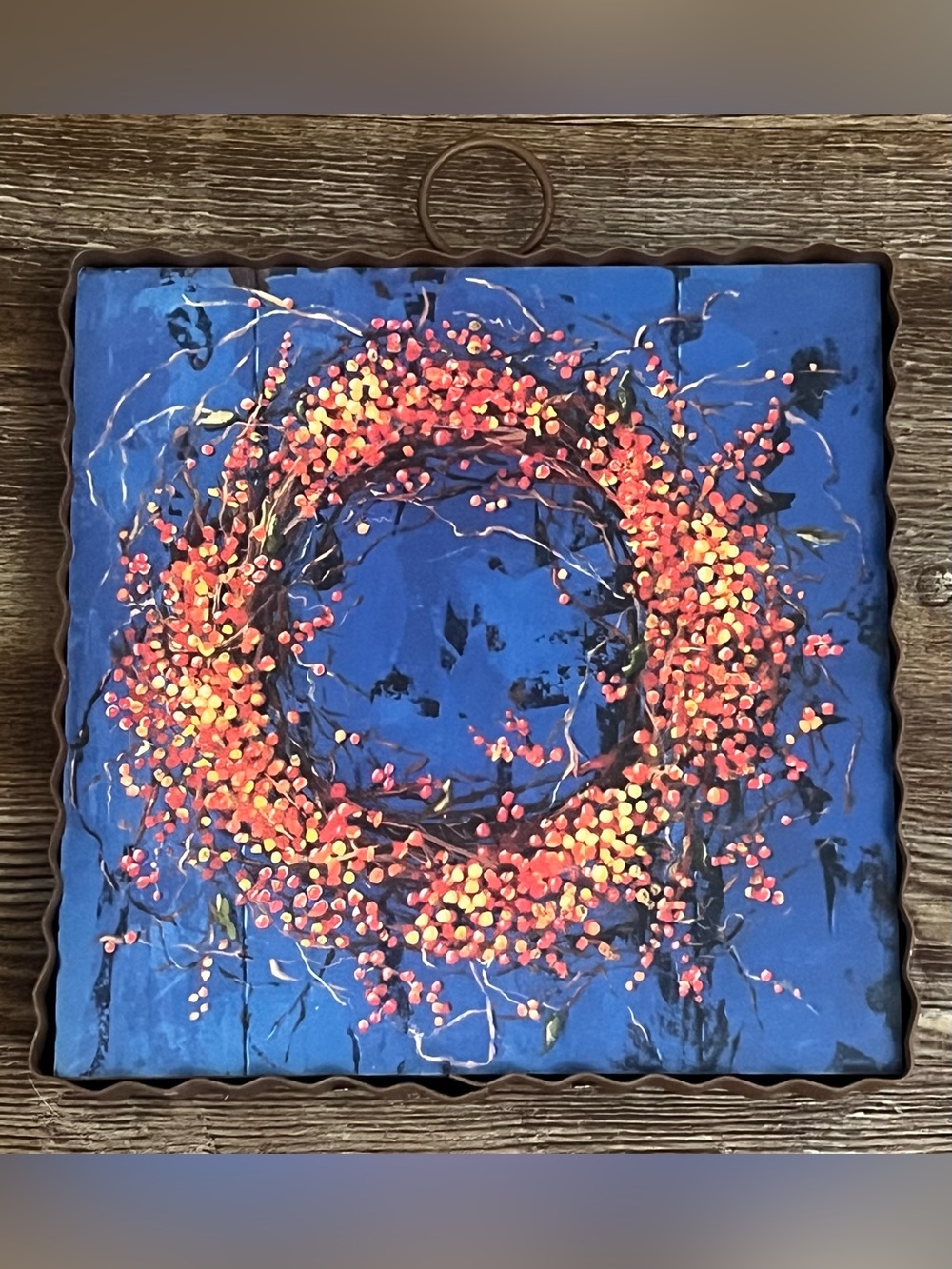 Blue Background Berry Wreath Wall Art - Orange and Yellow Accents